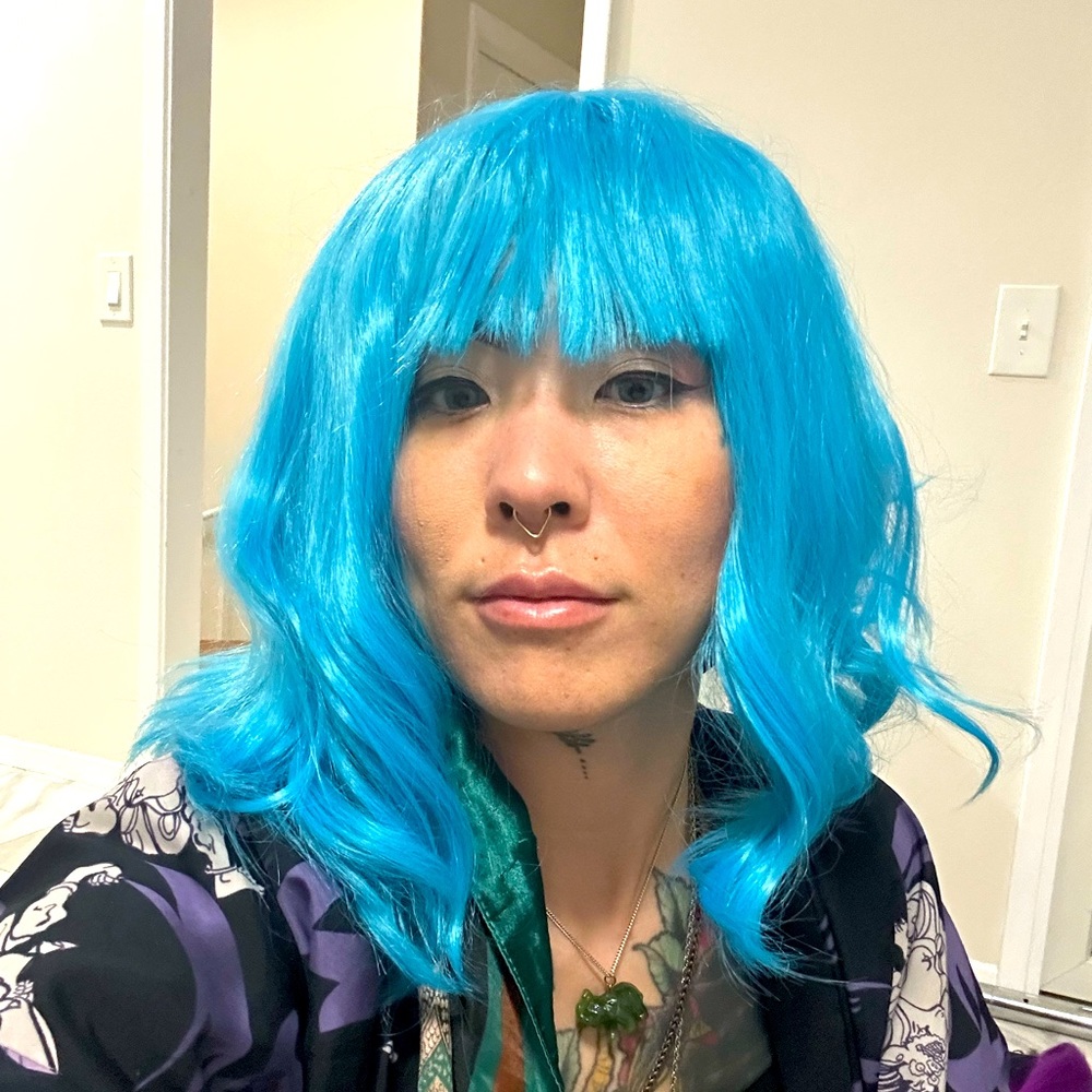 Turquoise sky blue mermaid hair bangs hair wig Halloween costume cosplay anime
